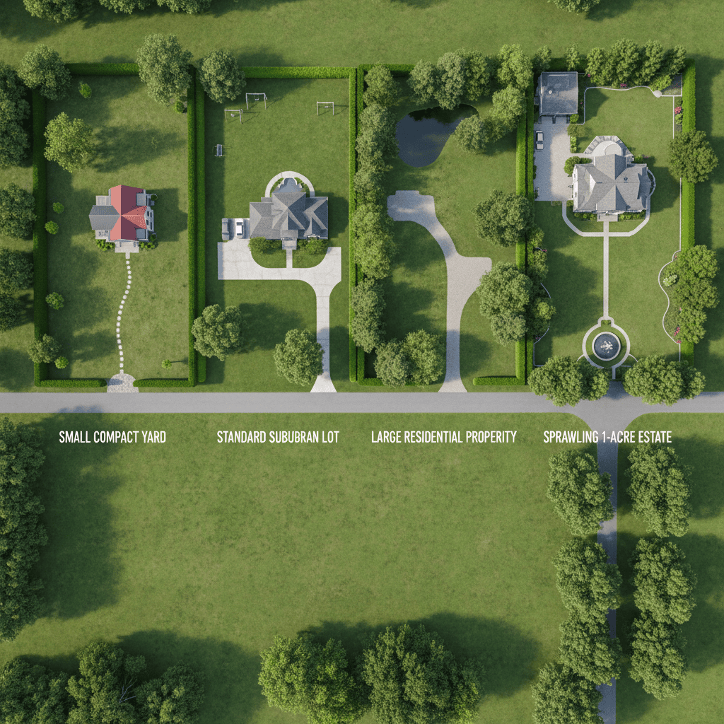 Aerial view comparing four different residential lawn sizes from small to extra-large