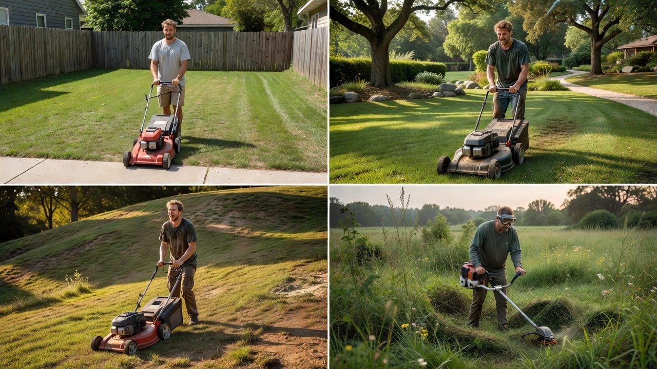 Comparison of lawn size, terrain, and grass conditions affecting mowing duration