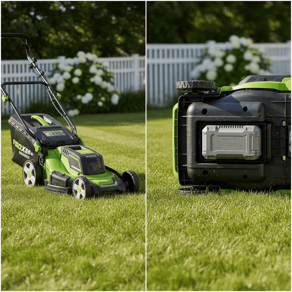 Cordless lawn mower on a sunny lawn with its battery pack visible beneath