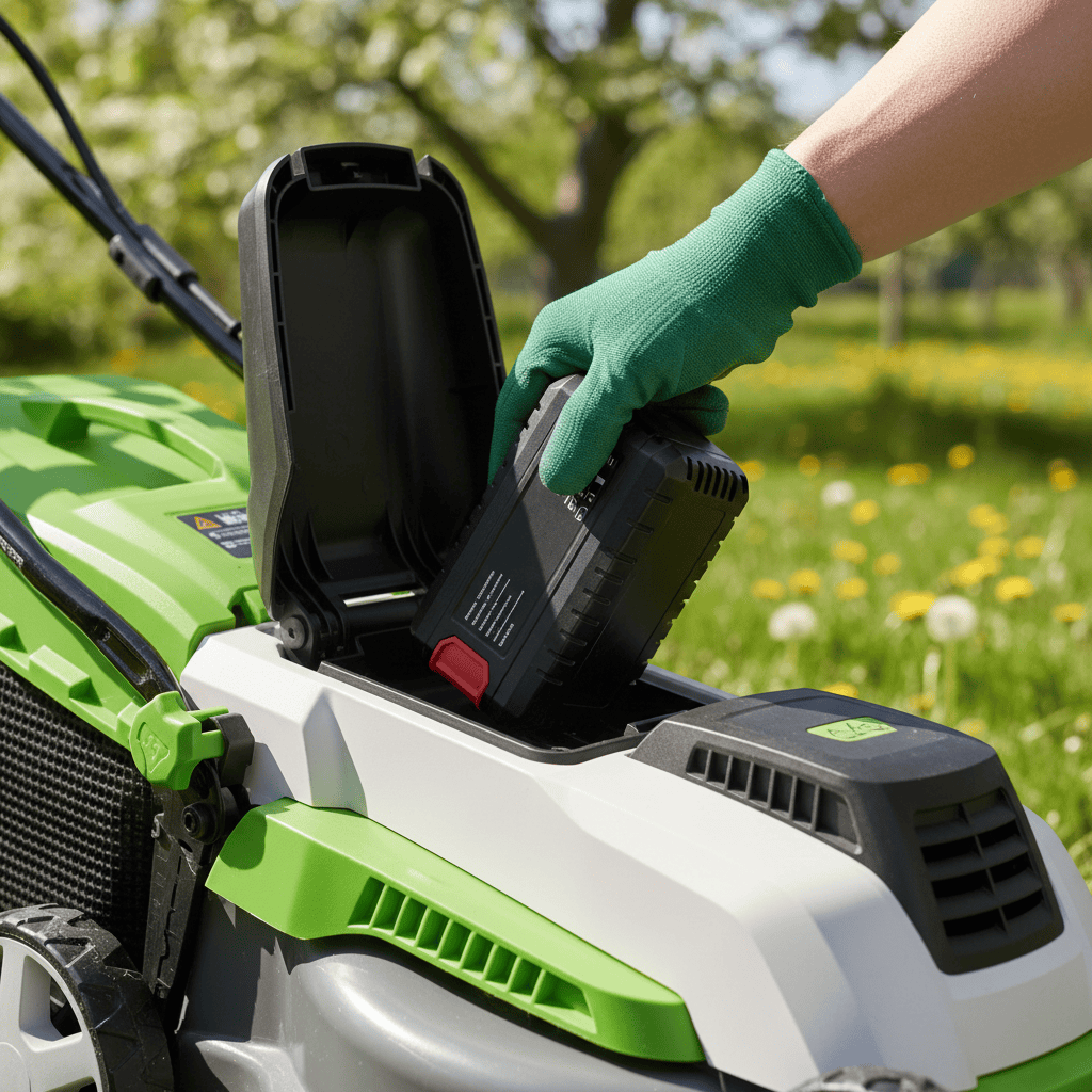 Hand inserting a battery pack into an electric lawn mower in a sunny yard.