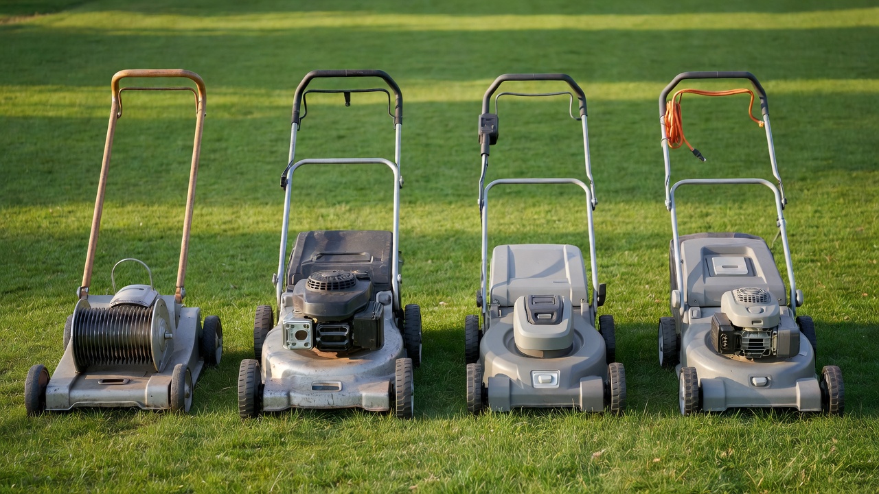 Four types of lawn mowers displayed side by side: reel, gas, cordless electric, and corded electric models