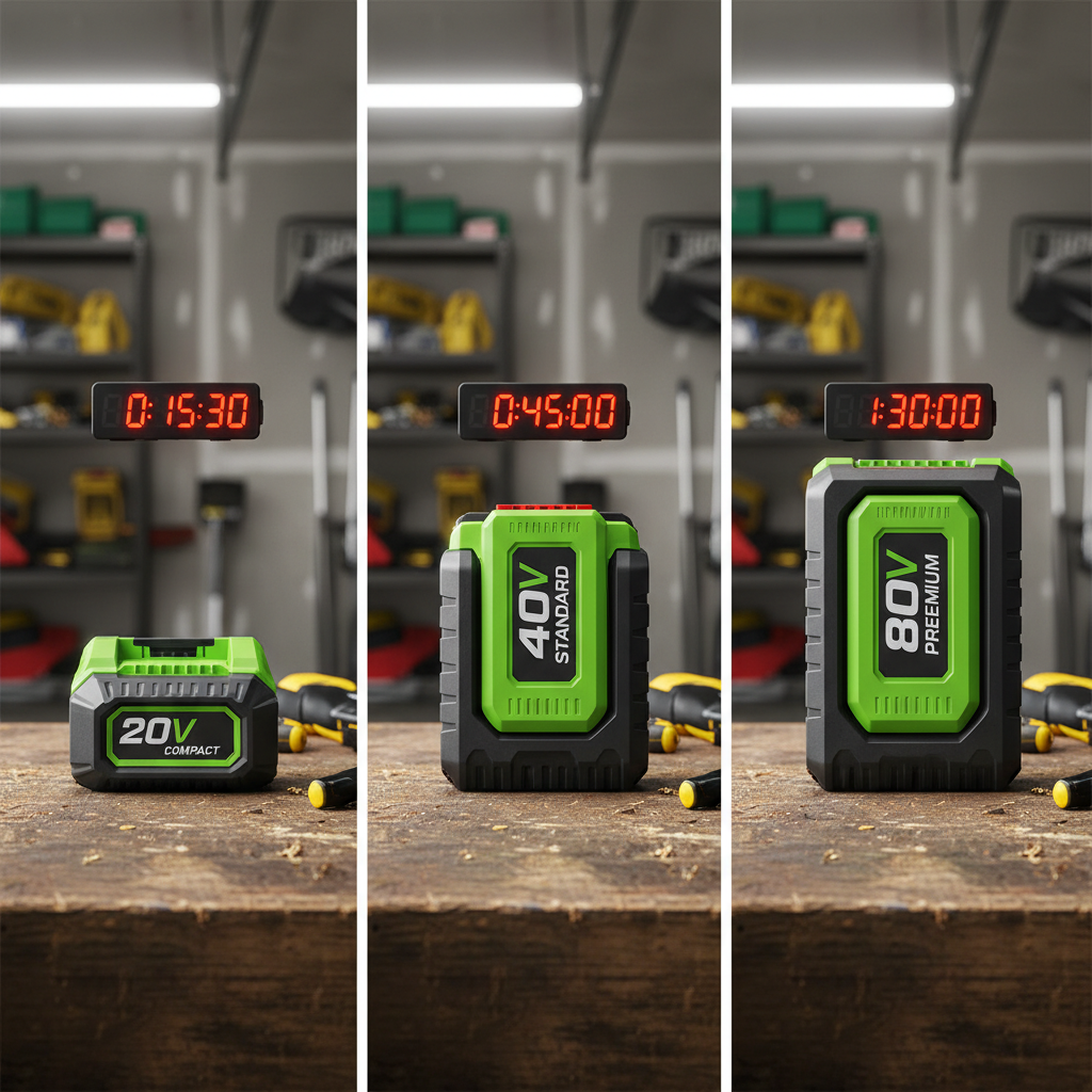 Three cordless mower batteries of varying sizes with runtime durations displayed