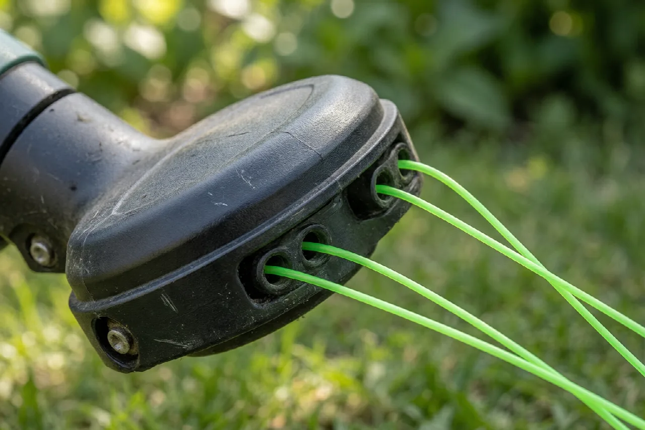 Close-up of a weed trimmer head with line extending from the opening