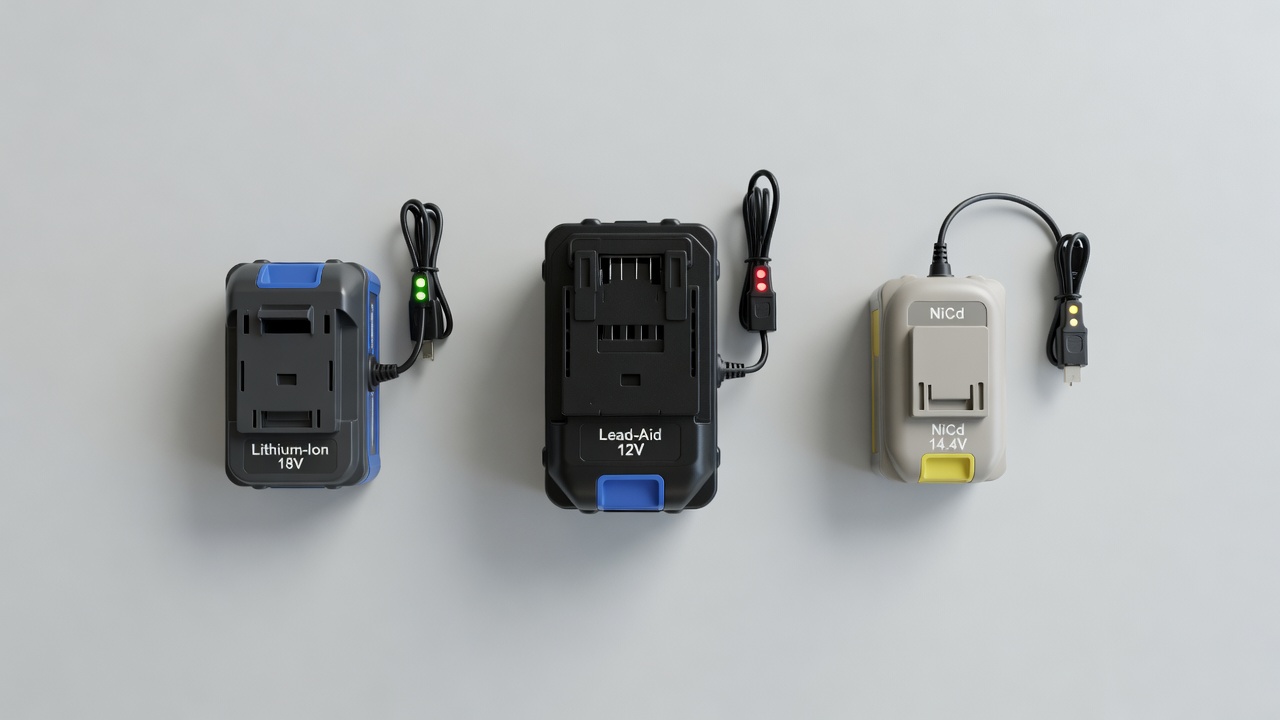 How Long Does It Take to Charge a Lawn Mower Battery? Three types of lawn mower batteries on a workbench with chargers connected showing different sizes and designs