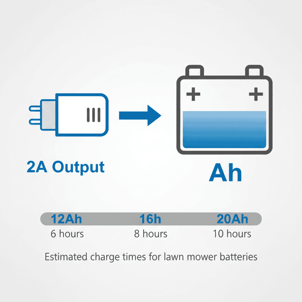Illustration explaining how a 2-amp charger's output relates to a lawn mower battery's amp-hour capacity.