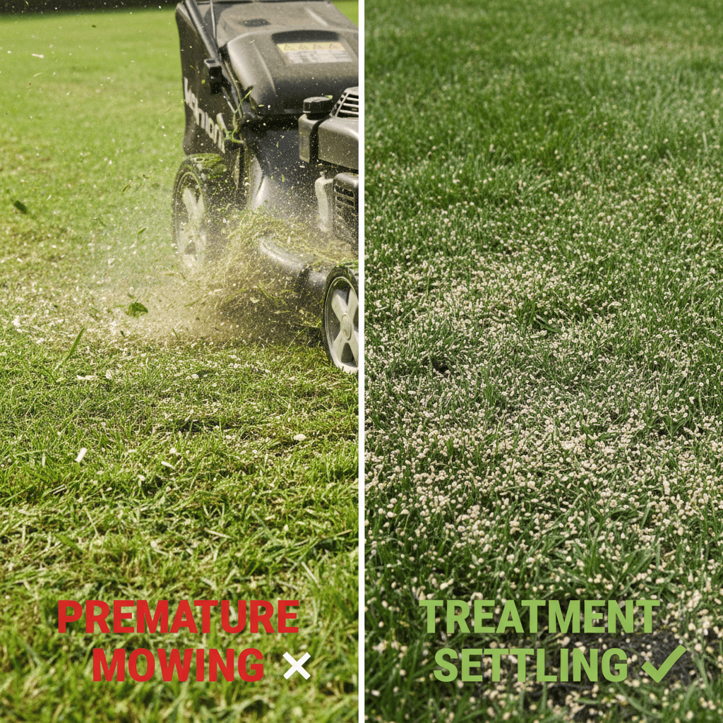 Comparison of mowing too soon versus allowing lawn treatment to settle properly
