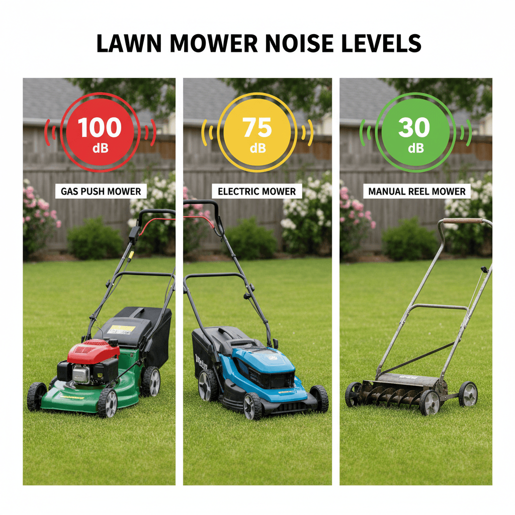 Three lawn mower types with decibel level comparisons