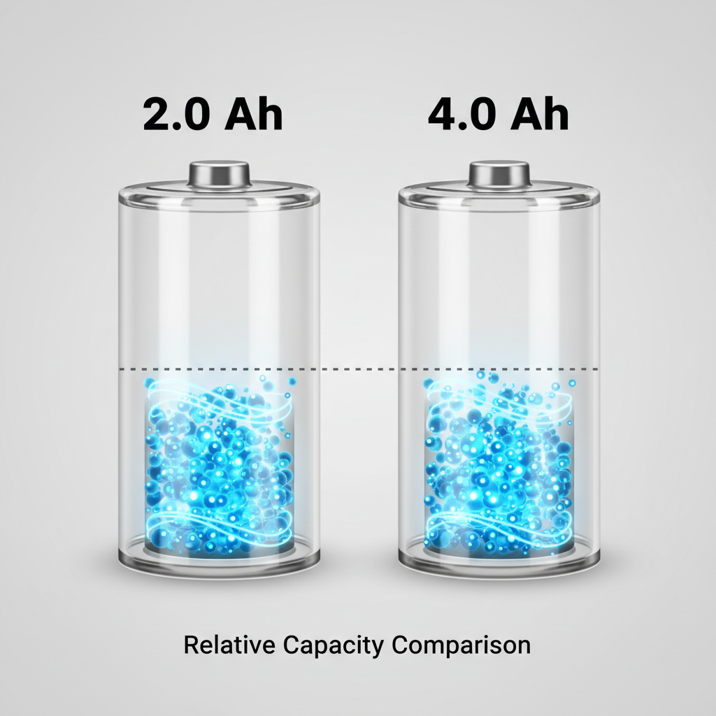 Two battery illustrations showing 2.0 Ah versus 4.0 Ah capacity comparison