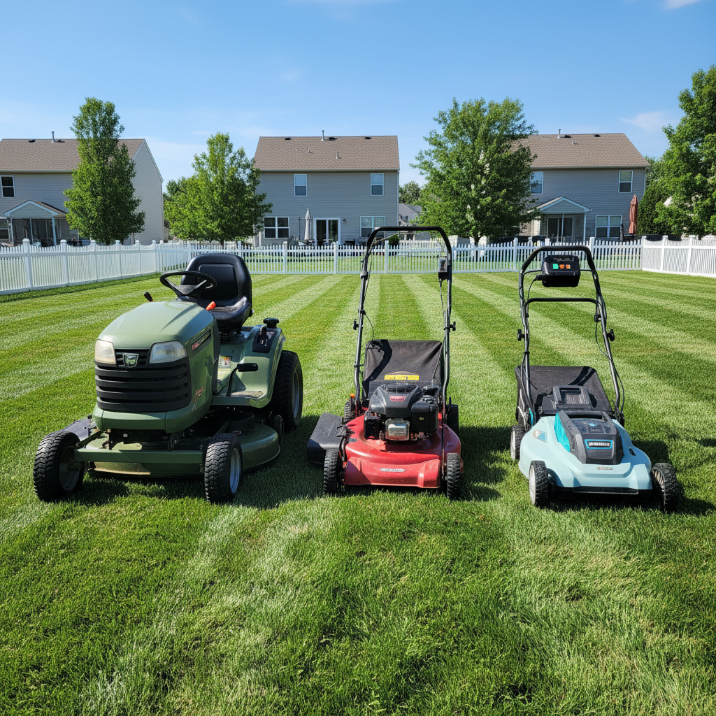 Riding, walk-behind, and electric lawn mowers parked together on a lawn