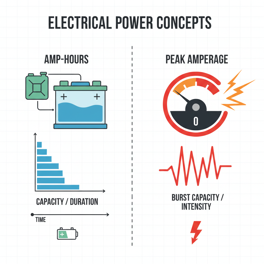 Visual comparison of amp-hours capacity versus peak amperage power delivery