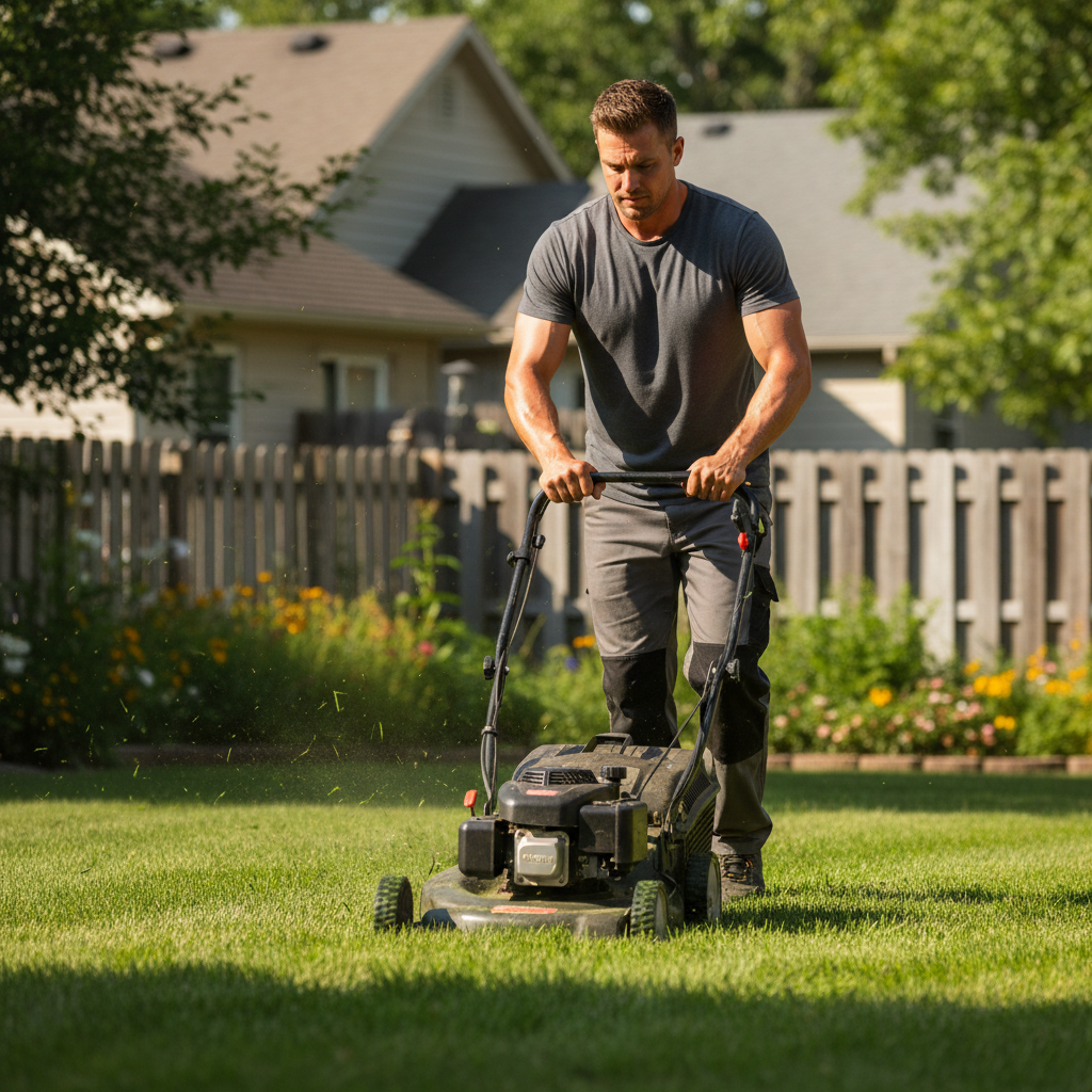 Person walking behind a push lawn mower across a grassy yard