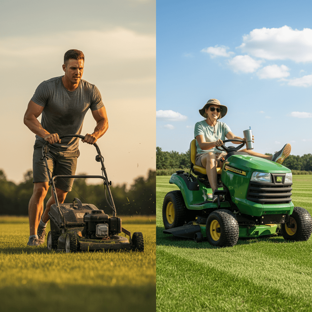 Manual push mower user versus riding mower user showing physical exertion difference