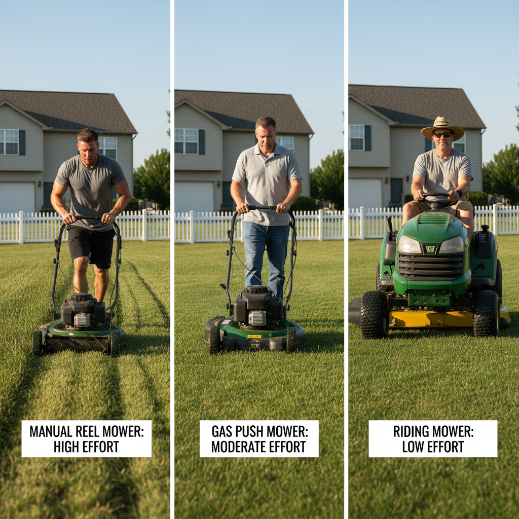 Three types of lawn mowers showing different levels of physical effort required