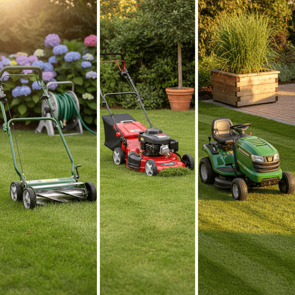 A manual reel mower, a powered push mower, and a riding mower lined up on a lawn