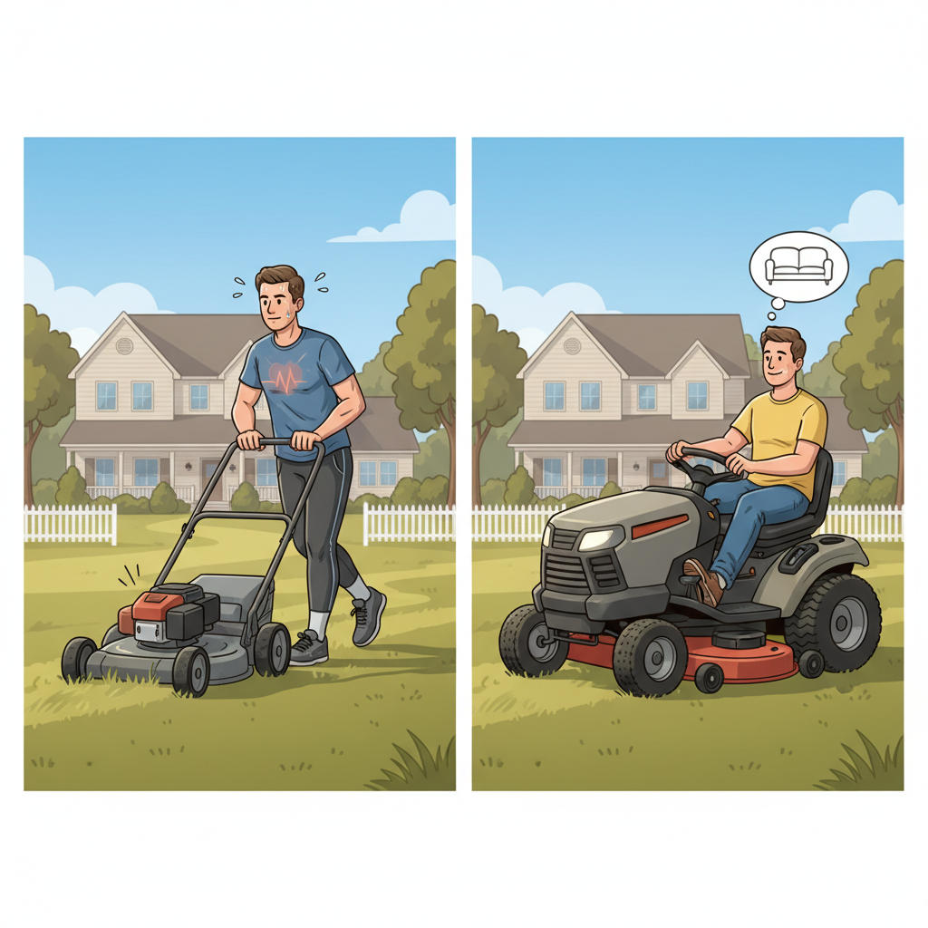 Side-by-side comparison of push mowing versus riding mower showing different levels of physical engagement