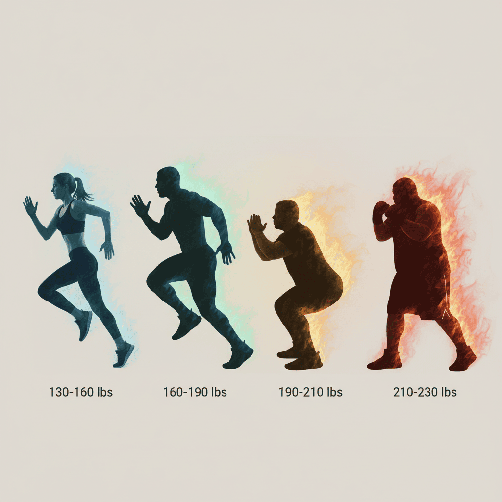 Four silhouettes of increasing body sizes showing calorie burn progression