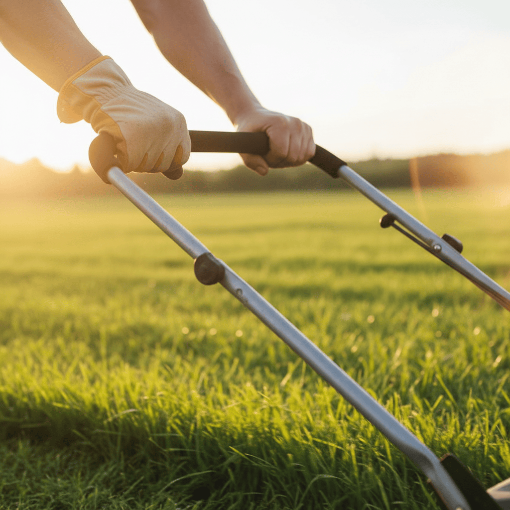 Close-up of hands gripping a mower handle with grass blades in motion in warm sunlight