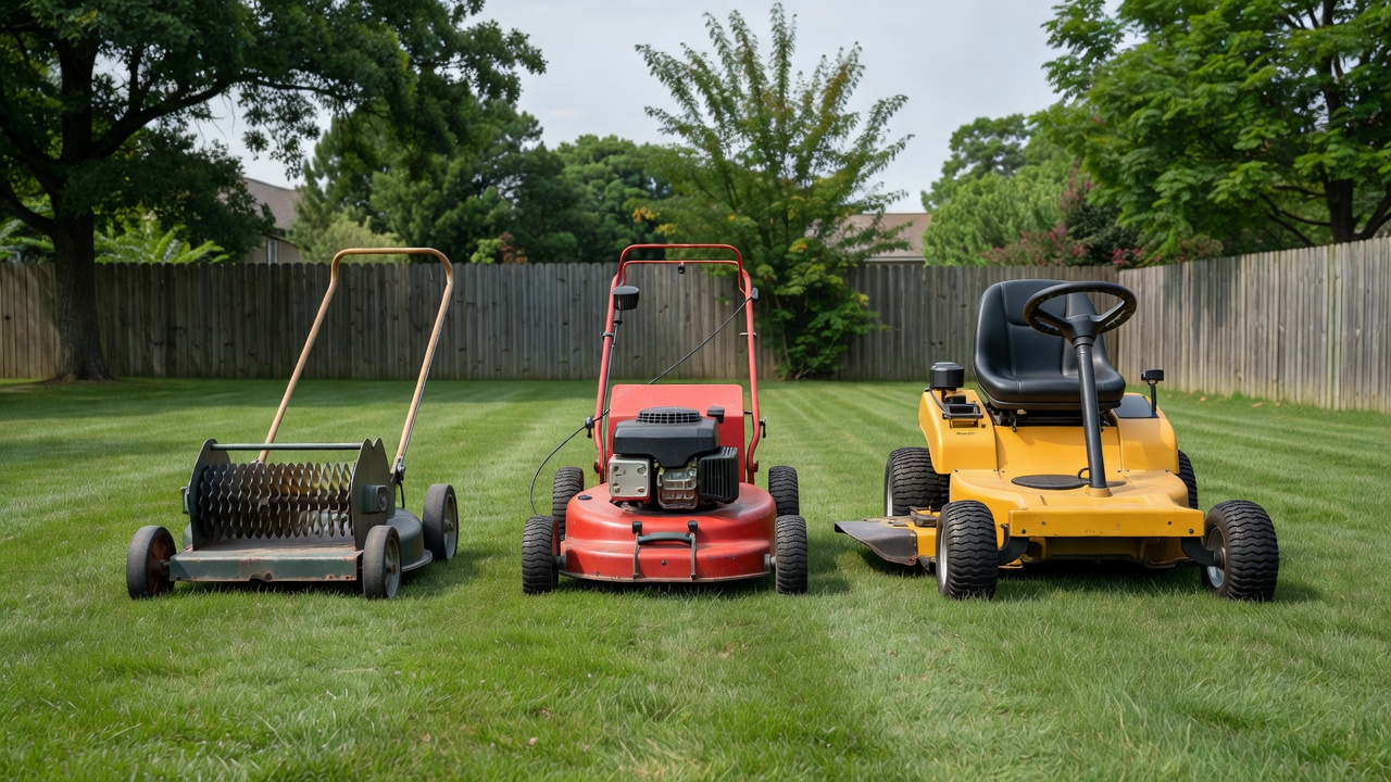 How Many Calories Does Mowing a Lawn Burn? (By Mower Type & Body Weight) Three lawn mower types lined up on a green lawn.