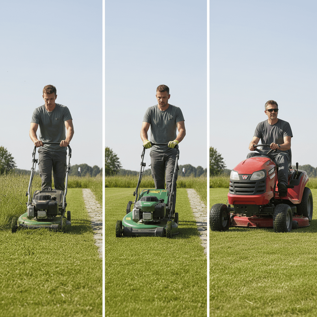 Three different lawn mowing methods showing manual push mower, motorized push mower, and riding mower