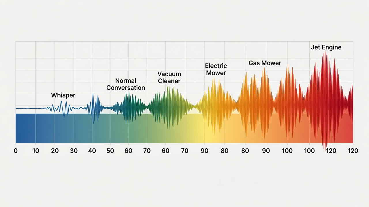 Decibel scale from 0 to 120 dB with common everyday sounds and lawn equipment positioned to show relative loudness levels