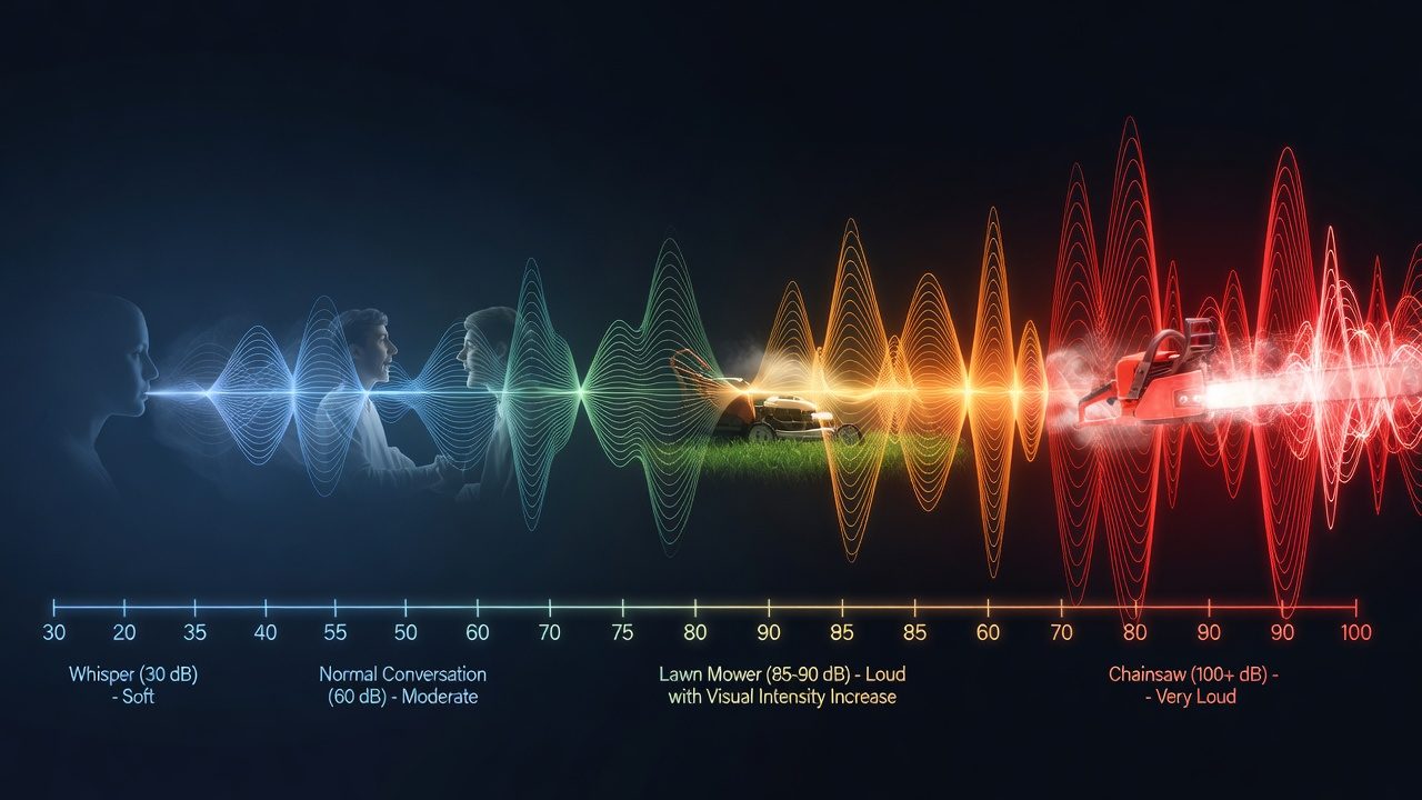 Logarithmic decibel scale visualization from whisper to chainsaw