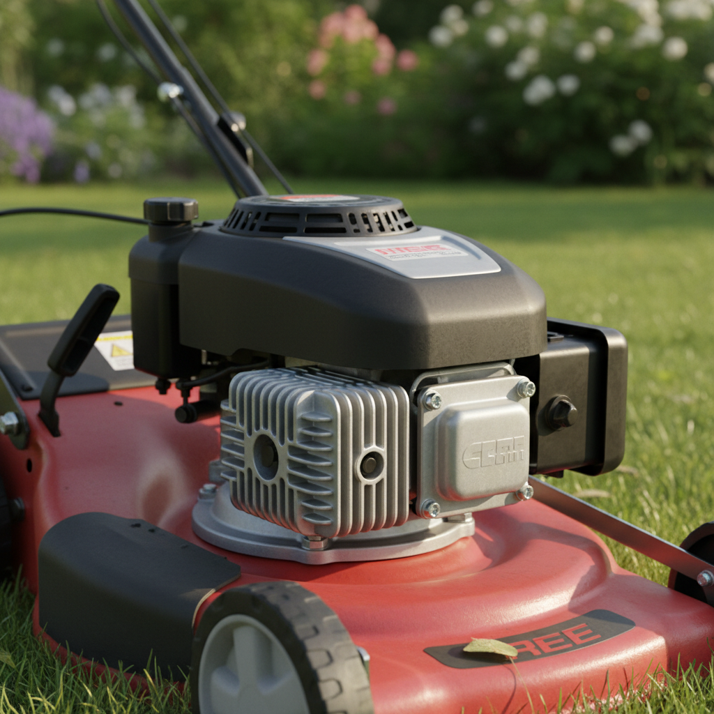 Single-cylinder lawn mower engine on a walk-behind mower in a garden