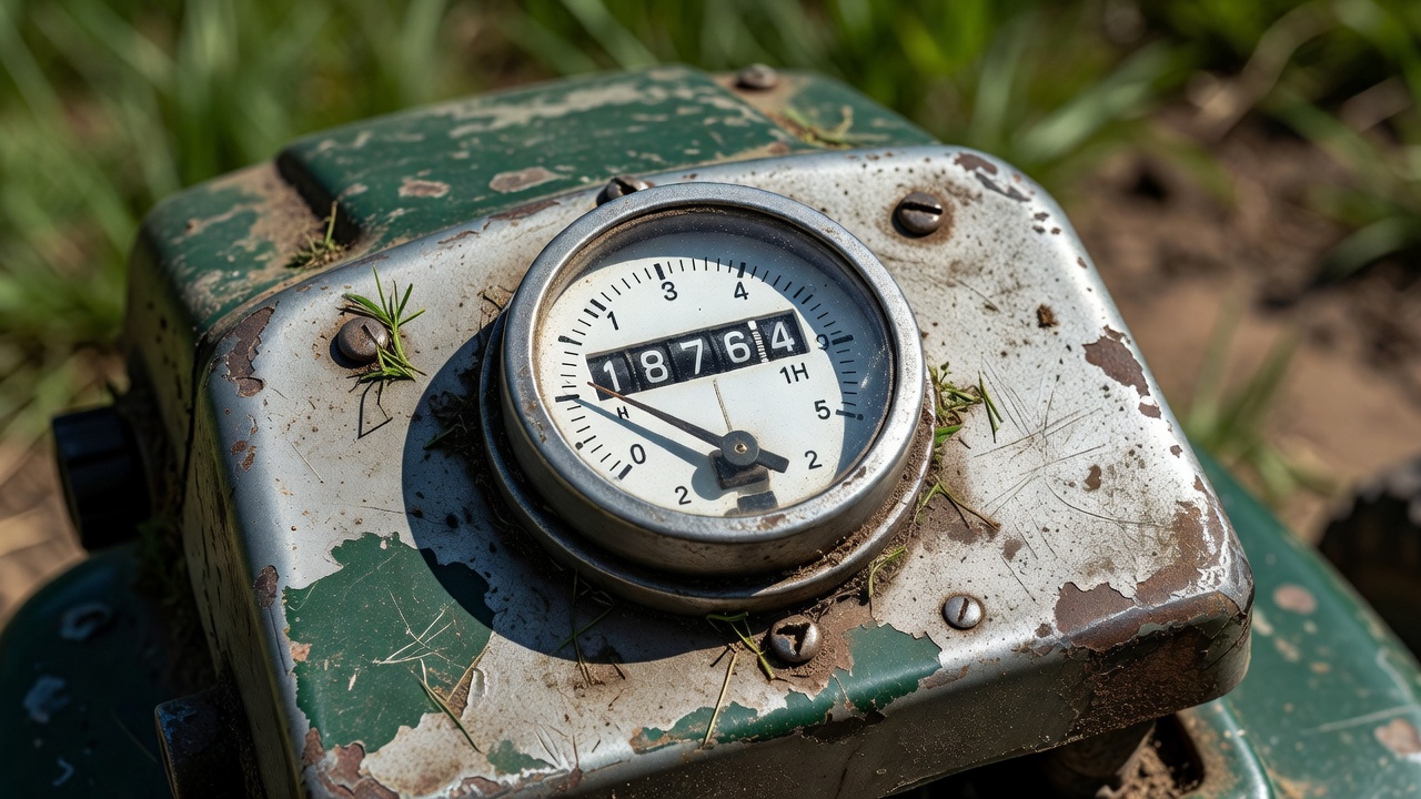 Close-up of a lawn mower hour meter gauge showing high accumulated engine hours