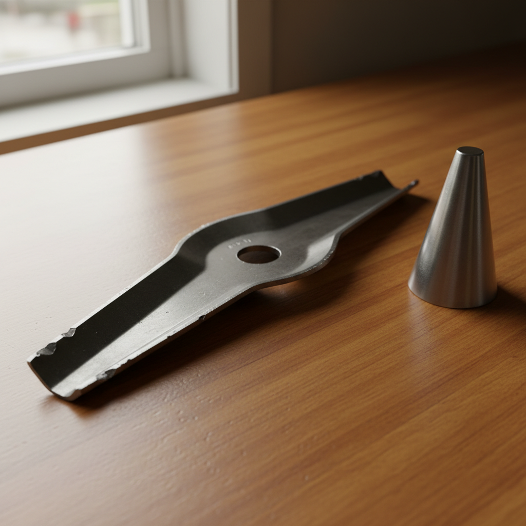 Used rotary mower blade on a workbench showing nicks, remaining thickness, and a simple balancer