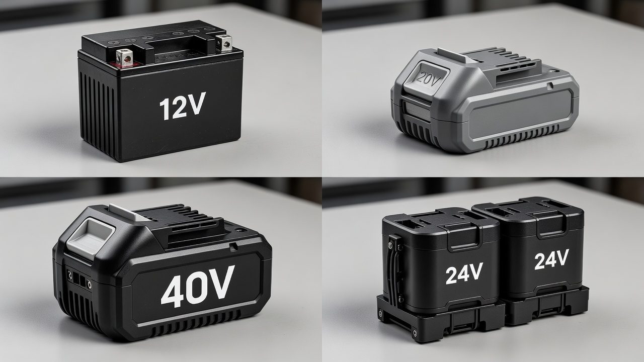 Comparative display of lawn mower batteries in 12V, 20V, 40V, and 24V configurations showing size and design differences