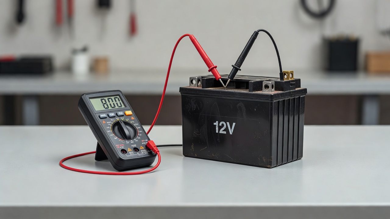 A digital multimeter being used to check the voltage of a lawn mower battery.