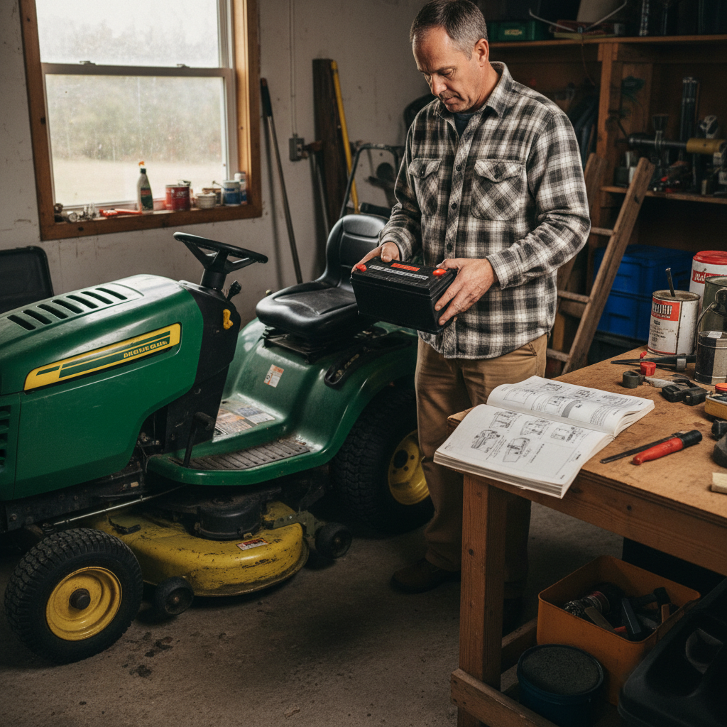 Homeowner inspecting lawn mower battery and manual in garage