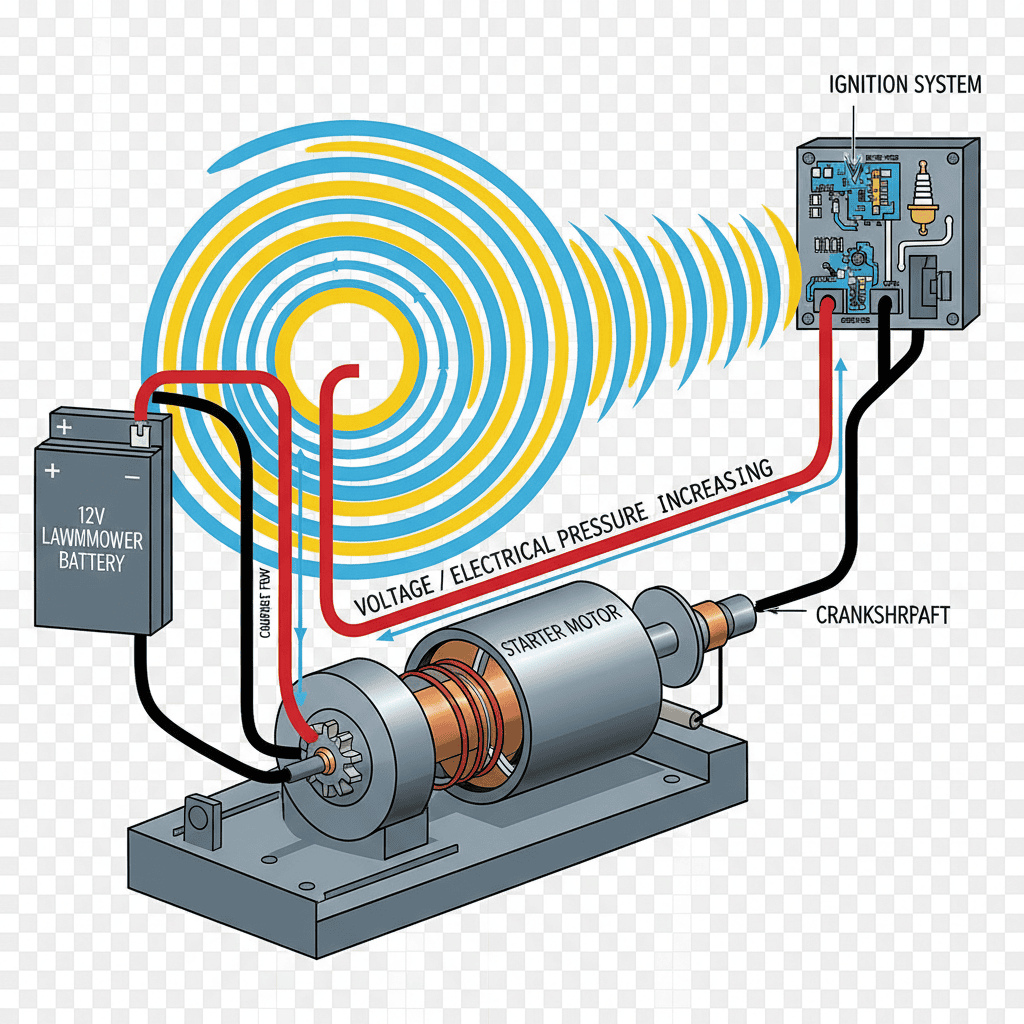 Diagram of electrical current flow from lawn mower battery to engine components