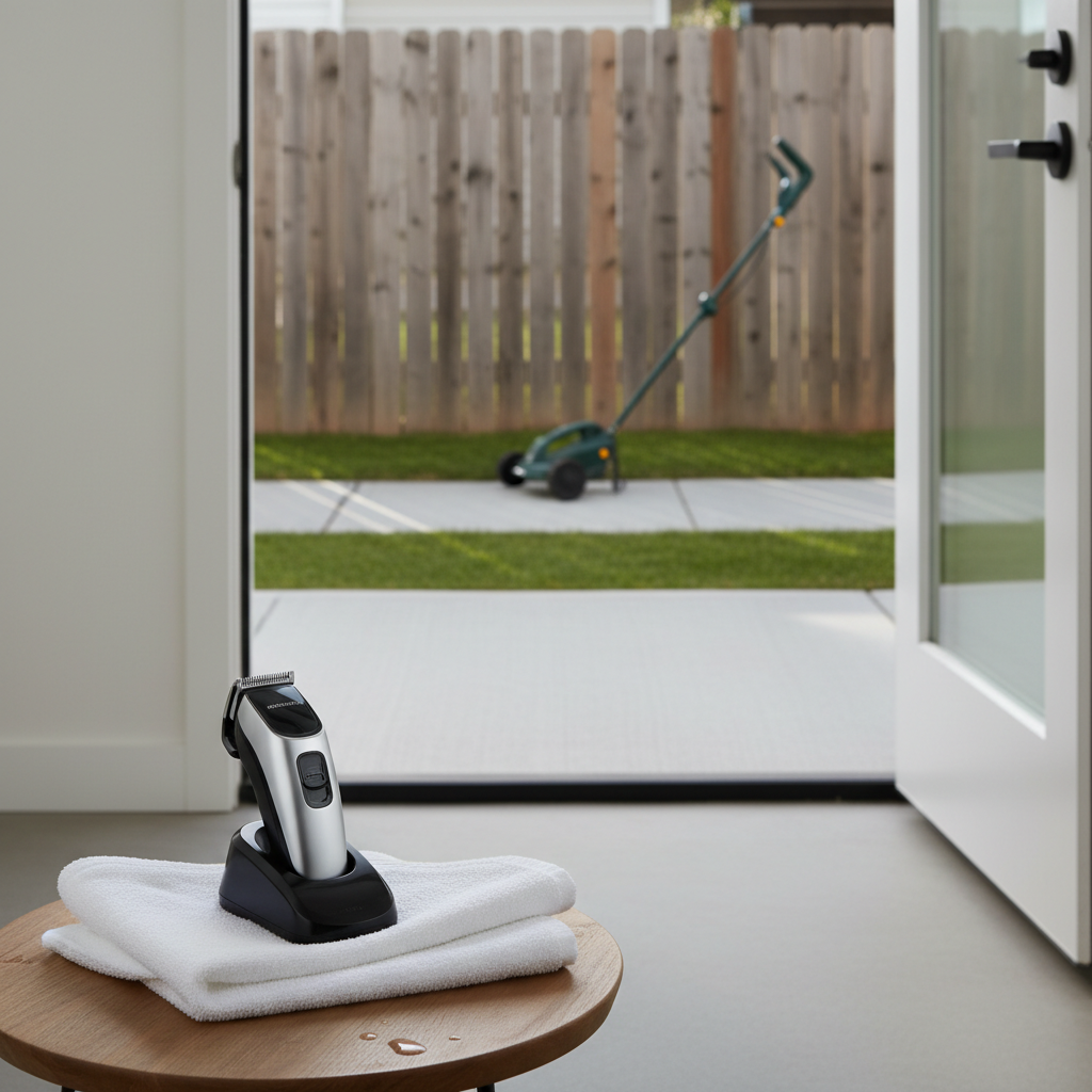 Hair trimmer indoors with a lawn edger visible on the patio beyond