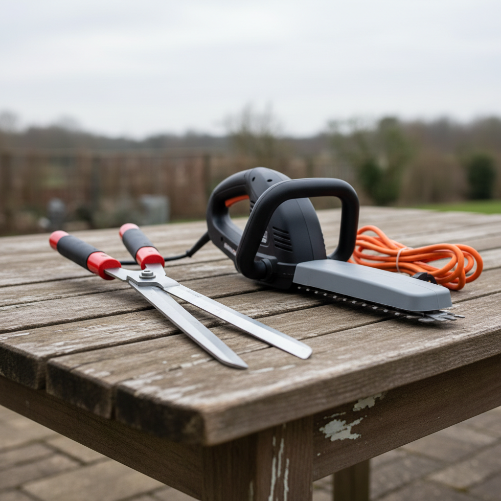 How Much Are Hedge Clippers: Durability Guide (2026) Manual hedge shears sitting beside a guarded electric hedge trimmer on an outdoor table