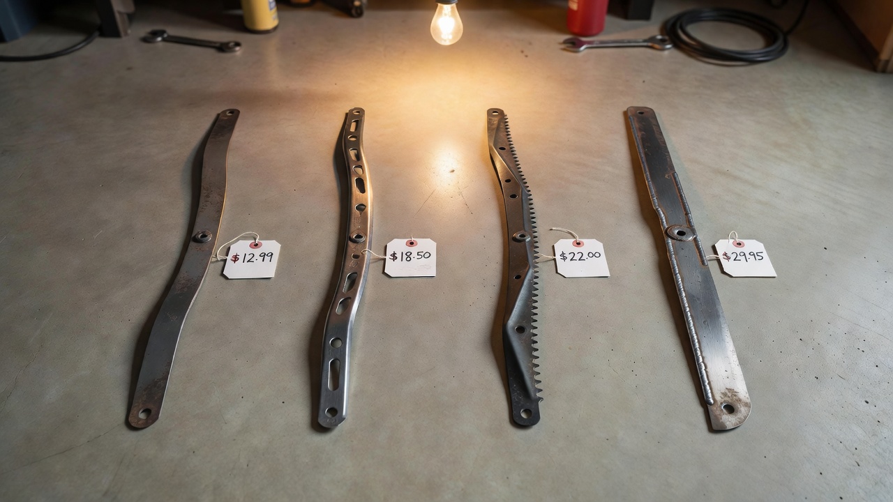 Four different lawn mower blade types laid side by side on a garage floor with price tags