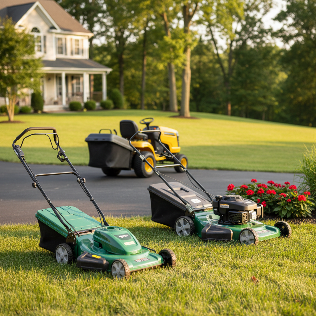 Push, self-propelled, and riding mowers placed across a suburban lawn