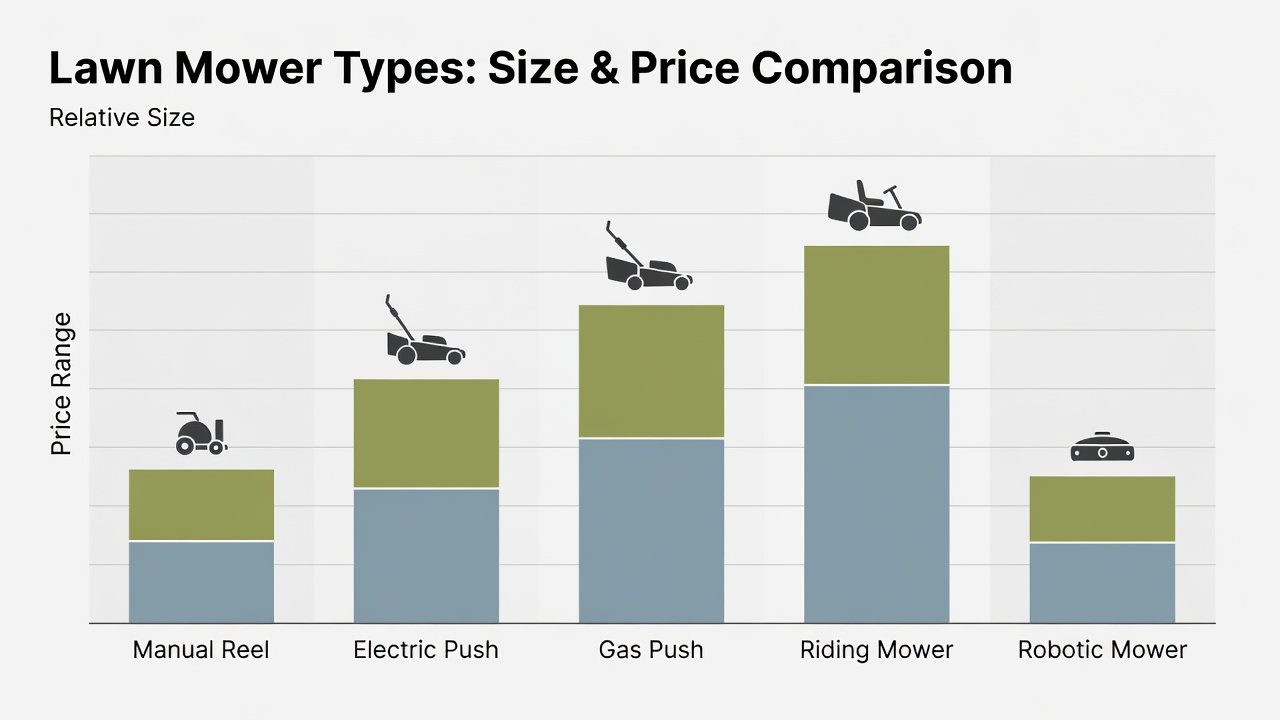 Price range comparison chart for five lawn mower types from manual to robotic