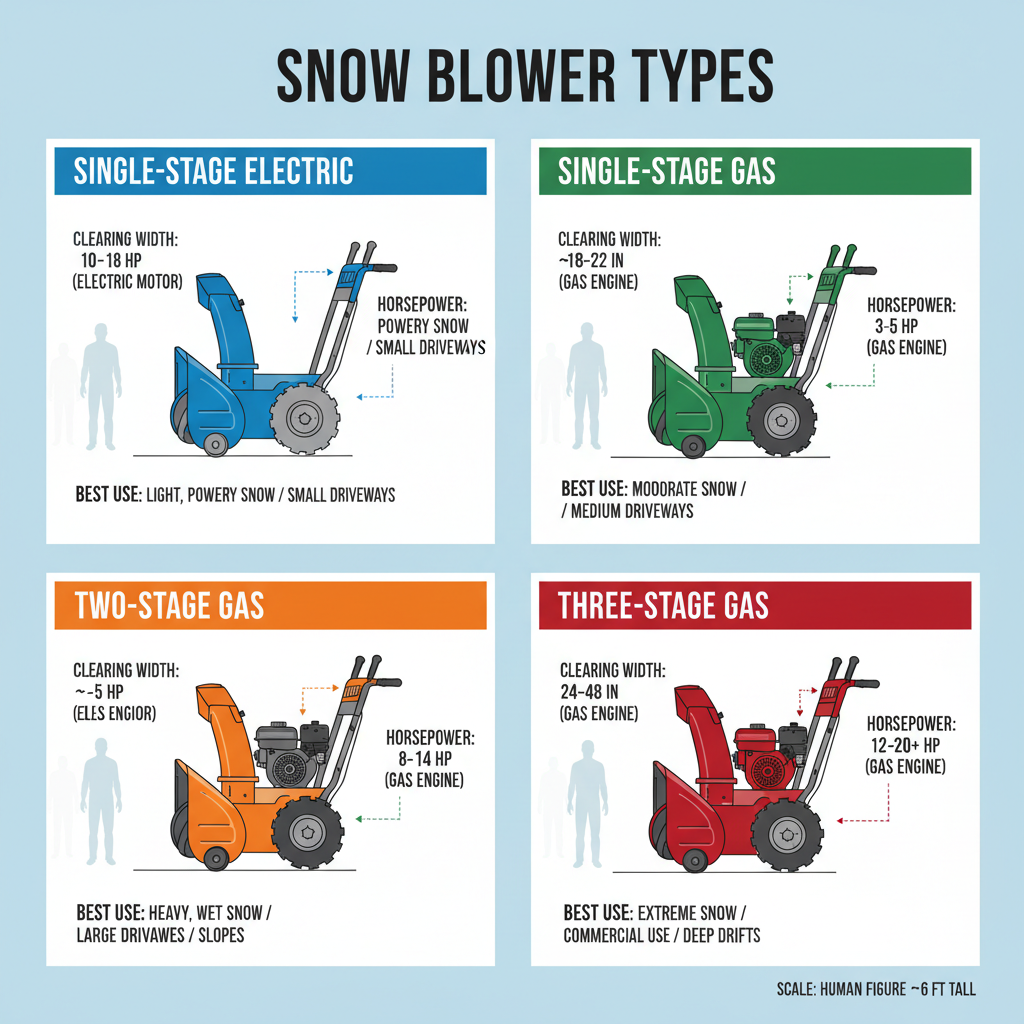 Visual comparison of four snow blower types showing relative sizes, specifications, and use cases