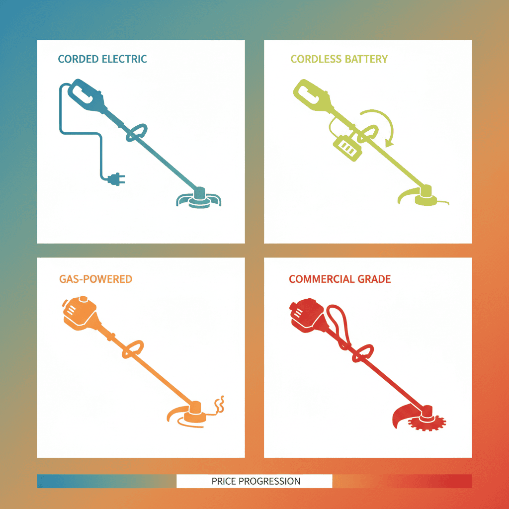 How Much Do Weed Eaters Cost? (Complete Pricing Guide by Type) Visual comparison of four weed eater power types showing design complexity and price progression