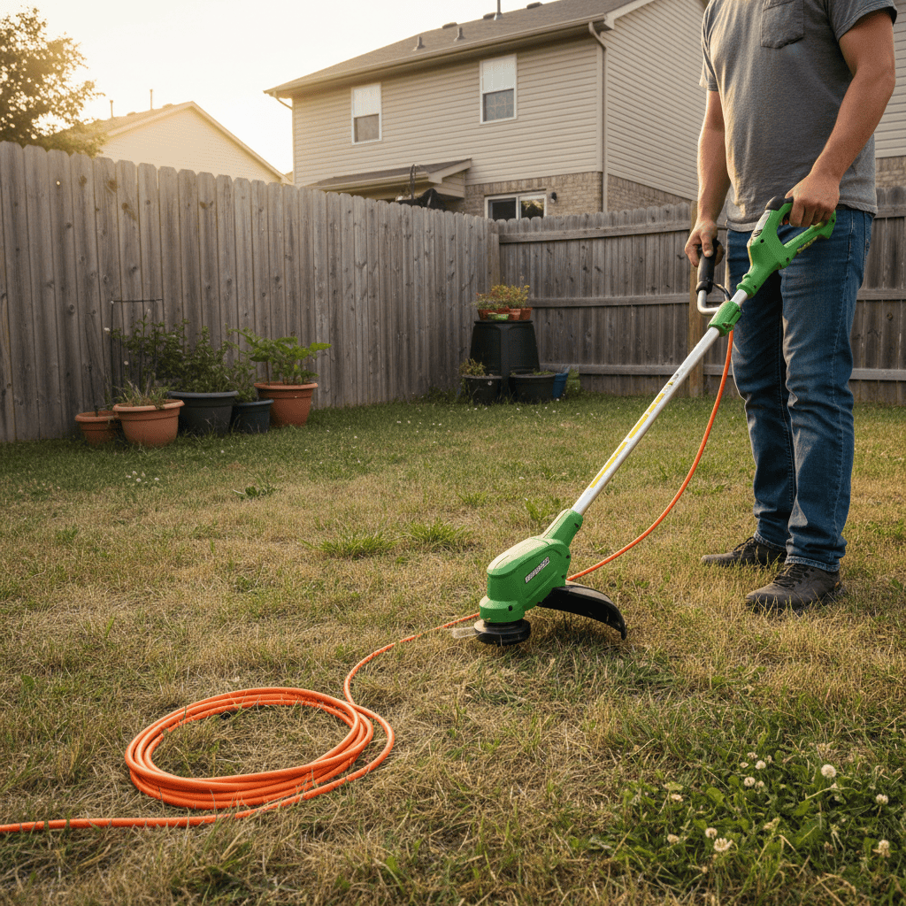 How Much Do Weed Wackers Cost? (Price Guide by Type) Corded electric trimmer in use in a small residential yard with visible power cord