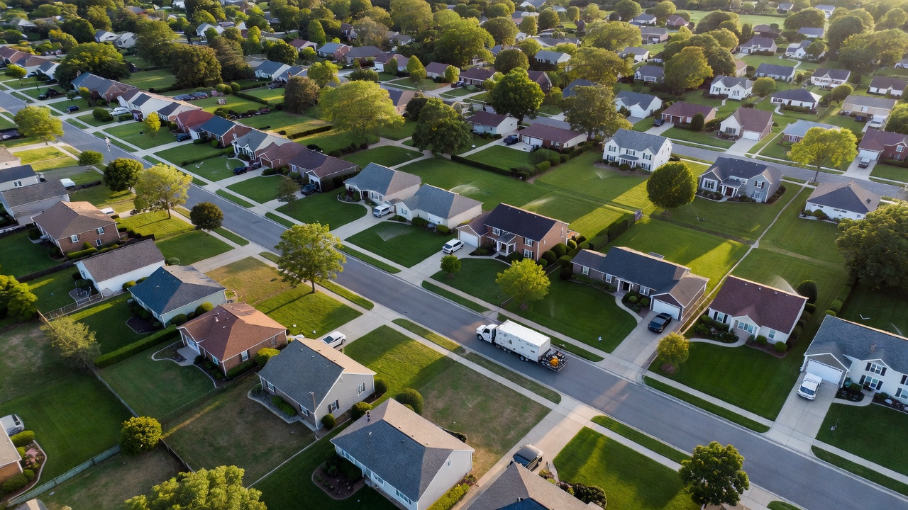 Aerial view of a dense suburban neighborhood showing lawns of varying sizes with a lawn care truck parked on the street