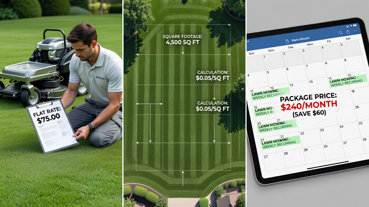 Understanding Lawn Mowing Pricing Models Three service pricing models: per-visit, per-square-foot calculation, and monthly package shown side-by-side