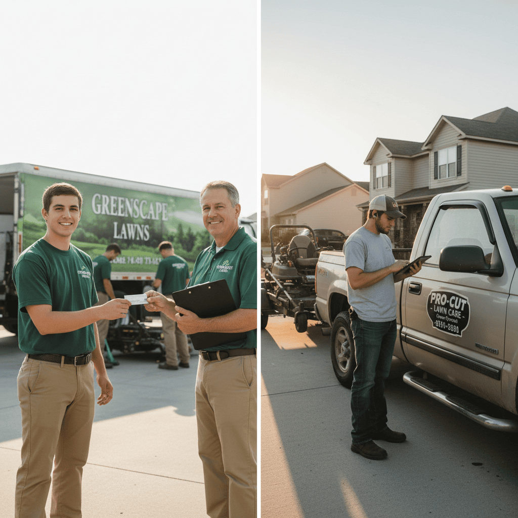 Two lawn care workers representing employee and self-employed income.