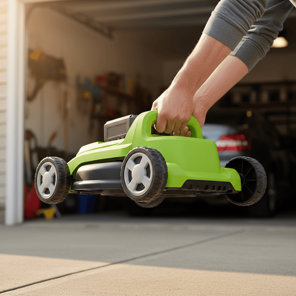 Hands lifting a compact push mower, illustrating its manageable weight