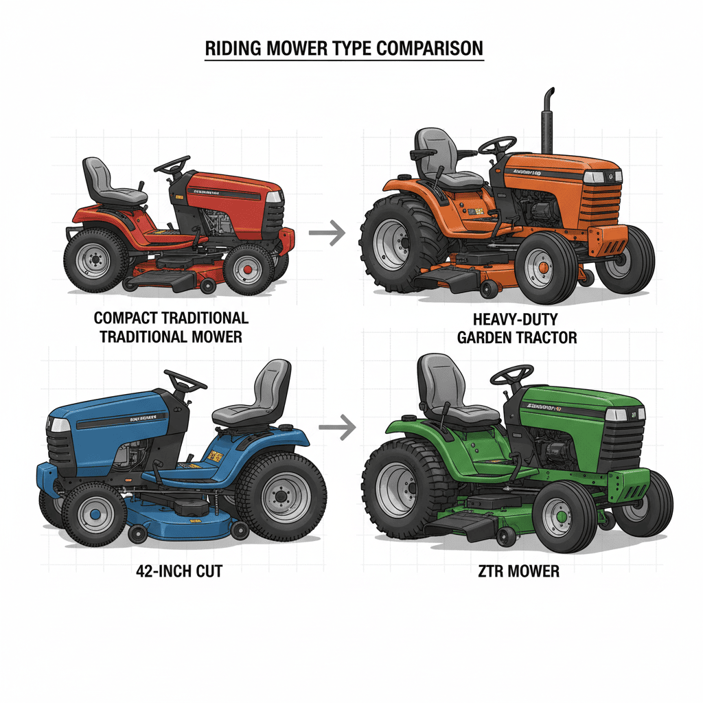 How Much Do Riding Lawn Mowers Weigh? (Weight Guide by Type & Size) Four types of riding mowers displayed with increasing size and weight