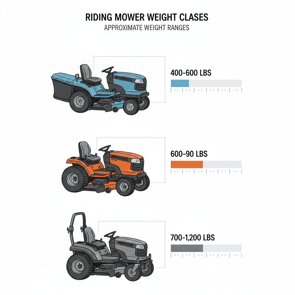Visual comparison of three mower types with their weight ranges shown as proportional bars
