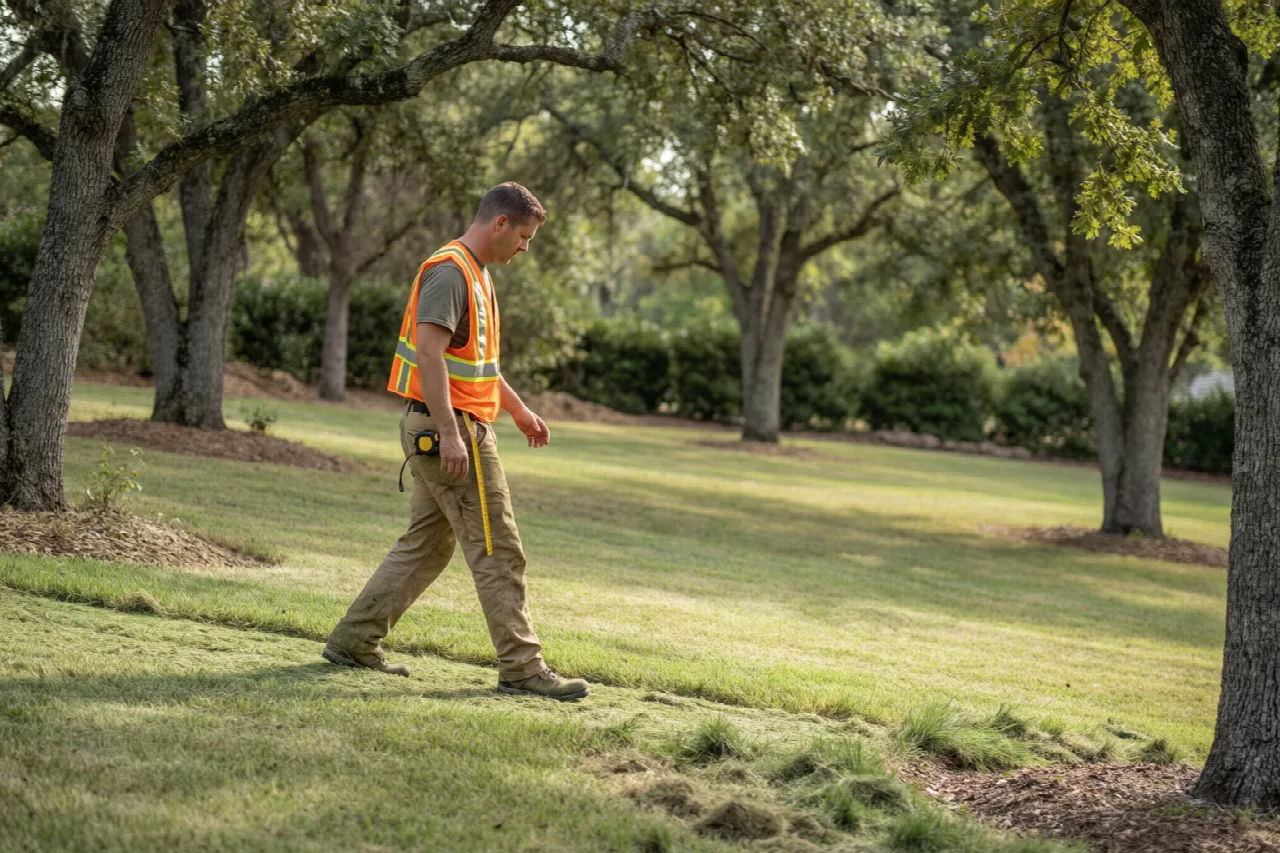 Technician inspecting a sloped, tree-filled lawn to evaluate mowing factors