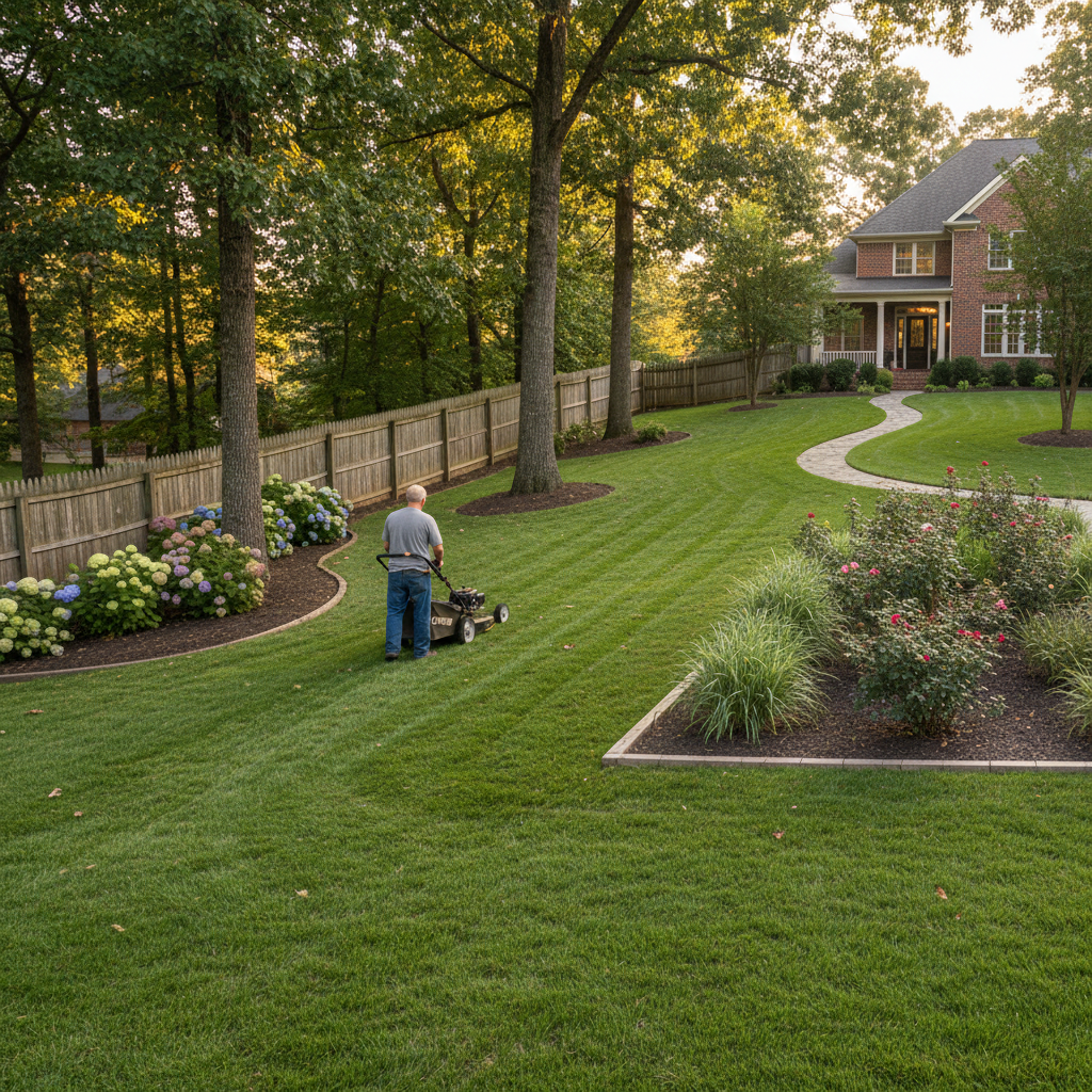 Mower working around trees, fence, and slope on a residential lawn