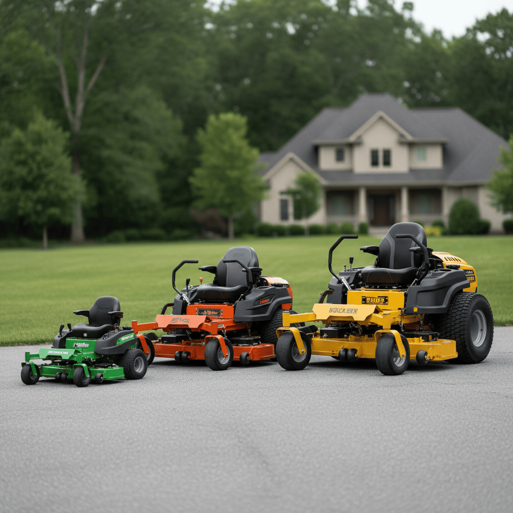 Three zero-turn mowers of different sizes lined up side by side to show scale