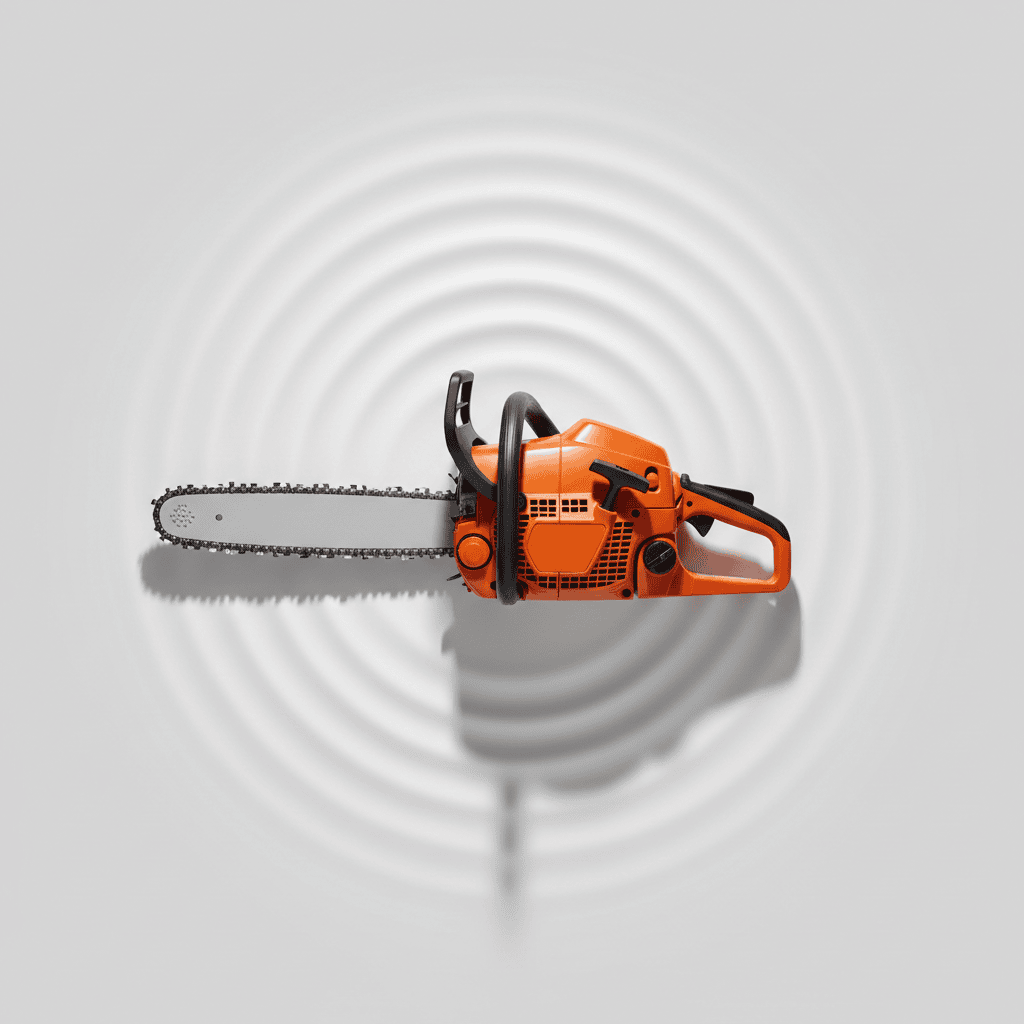 Single mid-size chainsaw photographed from above on a neutral studio background